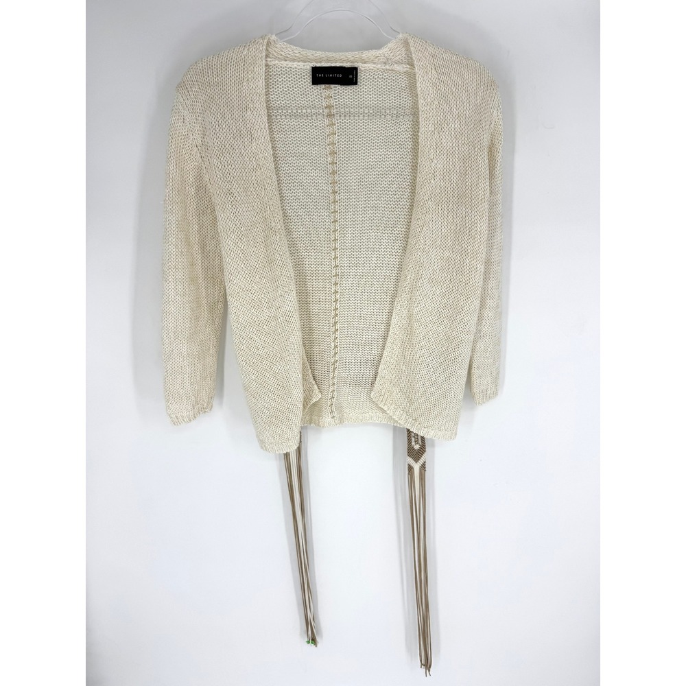 The Limited Cream Linen Metallic Open Front Cardigan Macrame‎ Fringe Belt XS